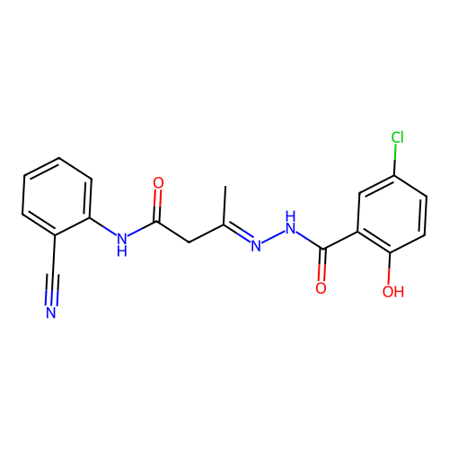 (3E)-3-{2-[(5-chloro-2-hydroxyphenyl)carbonyl]hydrazinylidene}-N-(2-cyanophenyl)butanamide structure