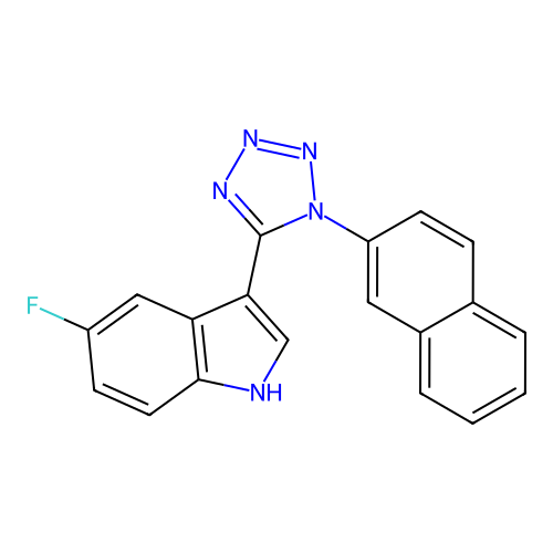5-fluoro-3-(1-naphthalen-2-yl-1H-tetraazol-5-yl)-1H-indole structure