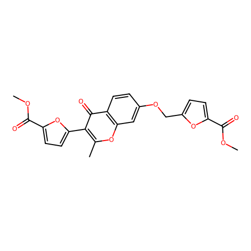 methyl 5-(((3-(5-(methoxycarbonyl)furan-2-yl)-2-methyl-4-oxo-4H-chromen-7-yl)oxy)methyl)furan-2-carboxylate structure