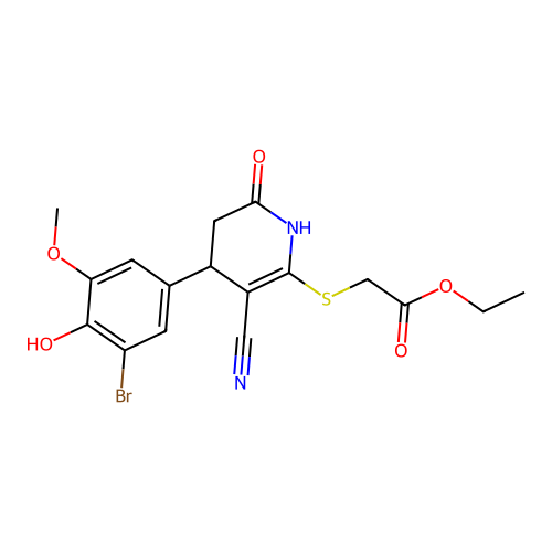 ethyl {[4-(3-bromo-4-hydroxy-5-methoxyphenyl)-3-cyano-6-hydroxy-4,5-dihydropyridin-2-yl]sulfanyl}acetate structure