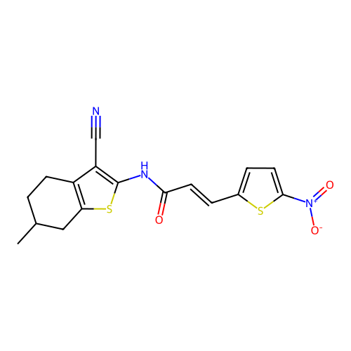 (E)-N-(3-cyano-6-methyl-4,5,6,7-tetrahydrobenzo[b]thiophen-2-yl)-3-(5-nitrothiophen-2-yl)acrylamide structure