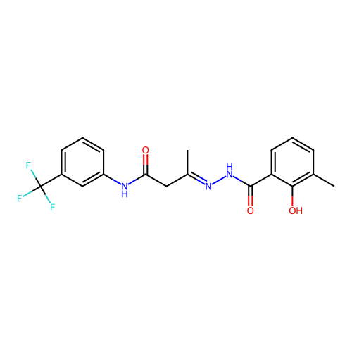 (3E)-3-{2-[(2-hydroxy-3-methylphenyl)carbonyl]hydrazinylidene}-N-[3-(trifluoromethyl)phenyl]butanamide structure