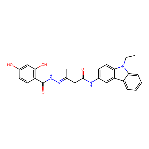 (3E)-3-{2-[(2,4-dihydroxyphenyl)carbonyl]hydrazinylidene}-N-(9-ethyl-9H-carbazol-3-yl)butanamide structure