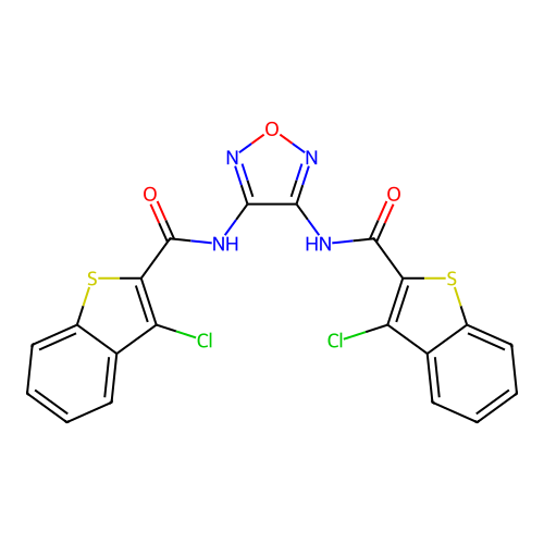 N,N'-1,2,5-oxadiazole-3,4-diylbis(3-chloro-1-benzothiophene-2-carboxamide) structure