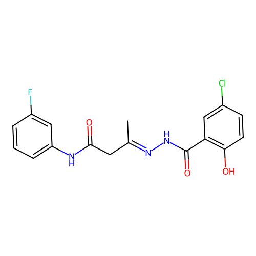 (3E)-3-{2-[(5-chloro-2-hydroxyphenyl)carbonyl]hydrazinylidene}-N-(3-fluorophenyl)butanamide structure