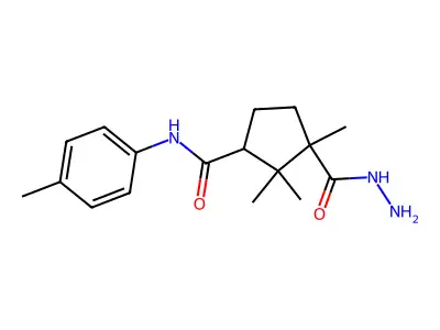 3-(hydrazinecarbonyl)-2,2,3-trimethyl-N-(p-tolyl)cyclopentanecarboxamide structure