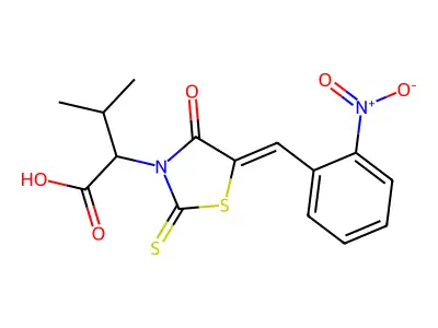 3-methyl-2-[(5Z)-5-[(2-nitrophenyl)methylidene]-4-oxo-2-sulfanylidene-1,3-thiazolidin-3-yl]butanoic acid structure