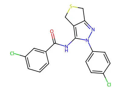 3-chloro-N-[2-(4-chlorophenyl)-4,6-dihydrothieno[3,4-c]pyrazol-3-yl]benzamide structure