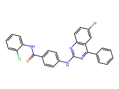 4-[(6-bromo-4-phenylquinazolin-2-yl)amino]-N-(2-chlorophenyl)benzamide structure