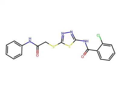 N-[5-(2-anilino-2-oxoethyl)sulfanyl-1,3,4-thiadiazol-2-yl]-2-chlorobenzamide structure