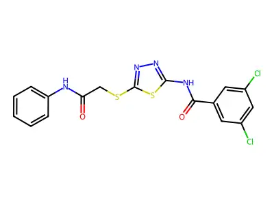 N-[5-(2-anilino-2-oxoethyl)sulfanyl-1,3,4-thiadiazol-2-yl]-3,5-dichlorobenzamide structure