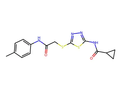 N-(5-((2-oxo-2-(p-tolylamino)ethyl)thio)-1,3,4-thiadiazol-2-yl)cyclopropanecarboxamide structure