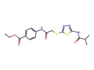 Ethyl 4-(2-((5-isobutyramido-1,3,4-thiadiazol-2-yl)thio)acetamido)benzoate structure