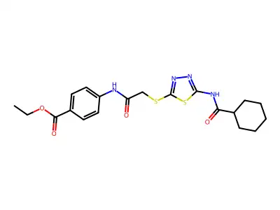 Ethyl 4-[[2-[[5-(cyclohexanecarbonylamino)-1,3,4-thiadiazol-2-yl]sulfanyl]acetyl]amino]benzoate structure