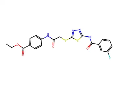 Ethyl 4-(2-((5-(3-fluorobenzamido)-1,3,4-thiadiazol-2-yl)thio)acetamido)benzoate structure