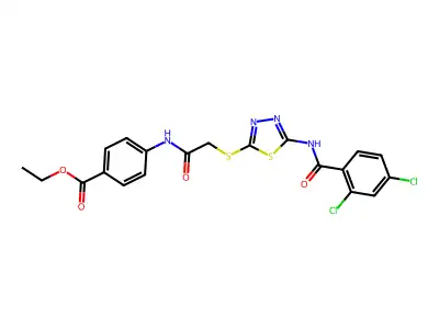 ethyl 4-(2-((5-(2,4-dichlorobenzamido)-1,3,4-thiadiazol-2-yl)thio)acetamido)benzoate structure