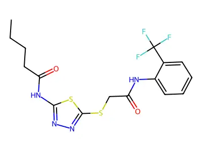 N-(5-((2-oxo-2-((2-(trifluoromethyl)phenyl)amino)ethyl)thio)-1,3,4-thiadiazol-2-yl)pentanamide structure