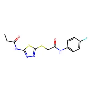 N-[5-[2-(4-fluoroanilino)-2-oxoethyl]sulfanyl-1,3,4-thiadiazol-2-yl]propanamide structure