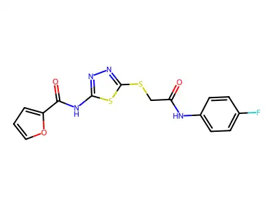 N-(5-((2-((4-fluorophenyl)amino)-2-oxoethyl)thio)-1,3,4-thiadiazol-2-yl)furan-2-carboxamide structure