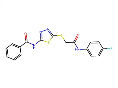 N-(5-((2-((4-fluorophenyl)amino)-2-oxoethyl)thio)-1,3,4-thiadiazol-2-yl)benzamide structure