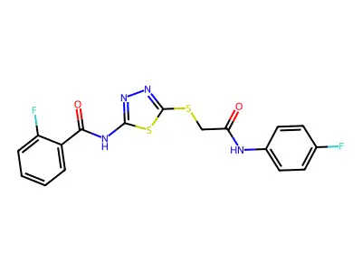 2-fluoro-N-(5-((2-((4-fluorophenyl)amino)-2-oxoethyl)thio)-1,3,4-thiadiazol-2-yl)benzamide structure