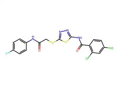 2,4-dichloro-N-(5-((2-((4-fluorophenyl)amino)-2-oxoethyl)thio)-1,3,4-thiadiazol-2-yl)benzamide structure