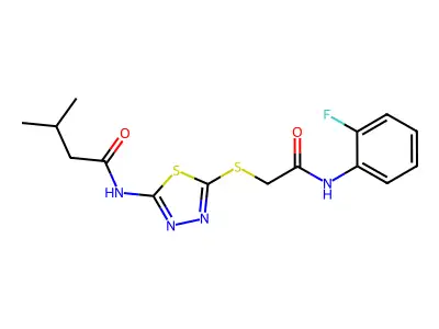 N-(5-((2-((2-fluorophenyl)amino)-2-oxoethyl)thio)-1,3,4-thiadiazol-2-yl)-3-methylbutanamide structure