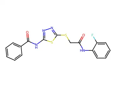 N-(5-((2-((2-fluorophenyl)amino)-2-oxoethyl)thio)-1,3,4-thiadiazol-2-yl)benzamide structure