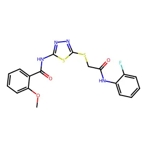 N-[5-({2-[(2-fluorophenyl)amino]-2-oxoethyl}sulfanyl)-1,3,4-thiadiazol-2-yl]-2-methoxybenzamide structure
