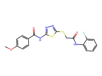 N-(5-((2-((2-fluorophenyl)amino)-2-oxoethyl)thio)-1,3,4-thiadiazol-2-yl)-4-methoxybenzamide structure