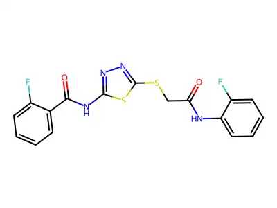 2-fluoro-N-(5-((2-((2-fluorophenyl)amino)-2-oxoethyl)thio)-1,3,4-thiadiazol-2-yl)benzamide structure