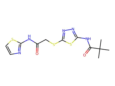 N-(5-((2-oxo-2-(thiazol-2-ylamino)ethyl)thio)-1,3,4-thiadiazol-2-yl)pivalamide structure
