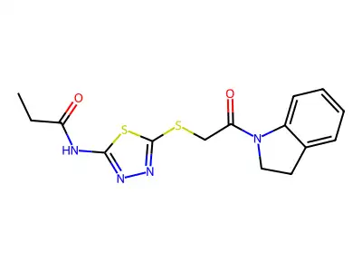 N-(5-((2-(indolin-1-yl)-2-oxoethyl)thio)-1,3,4-thiadiazol-2-yl)propionamide structure