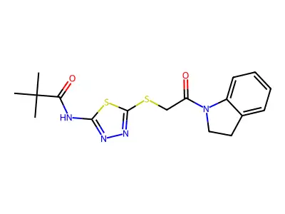 N-(5-((2-(indolin-1-yl)-2-oxoethyl)thio)-1,3,4-thiadiazol-2-yl)pivalamide structure