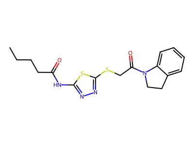 N-(5-((2-(indolin-1-yl)-2-oxoethyl)thio)-1,3,4-thiadiazol-2-yl)pentanamide structure