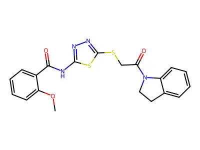 N-(5-((2-(indolin-1-yl)-2-oxoethyl)thio)-1,3,4-thiadiazol-2-yl)-2-methoxybenzamide structure