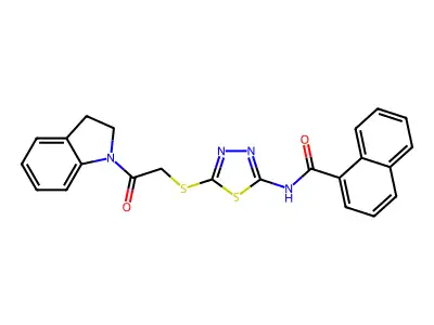 N-(5-((2-(indolin-1-yl)-2-oxoethyl)thio)-1,3,4-thiadiazol-2-yl)-1-naphthamide structure