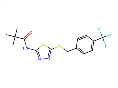 N-(5-((4-(trifluoromethyl)benzyl)thio)-1,3,4-thiadiazol-2-yl)pivalamide structure