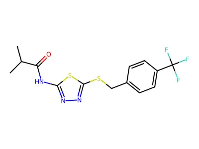 N-(5-((4-(trifluoromethyl)benzyl)thio)-1,3,4-thiadiazol-2-yl)isobutyramide structure