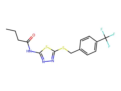 N-(5-((4-(trifluoromethyl)benzyl)thio)-1,3,4-thiadiazol-2-yl)butyramide structure