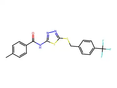 4-methyl-N-(5-((4-(trifluoromethyl)benzyl)thio)-1,3,4-thiadiazol-2-yl)benzamide structure