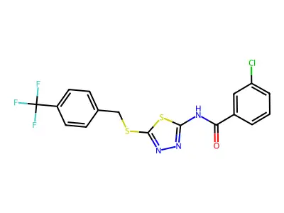 3-chloro-N-(5-((4-(trifluoromethyl)benzyl)thio)-1,3,4-thiadiazol-2-yl)benzamide structure