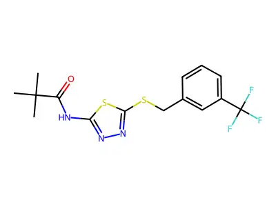 N-(5-((3-(trifluoromethyl)benzyl)thio)-1,3,4-thiadiazol-2-yl)pivalamide structure