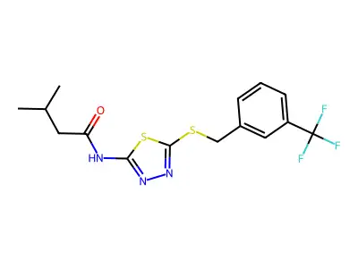 3-methyl-N-(5-((3-(trifluoromethyl)benzyl)thio)-1,3,4-thiadiazol-2-yl)butanamide structure