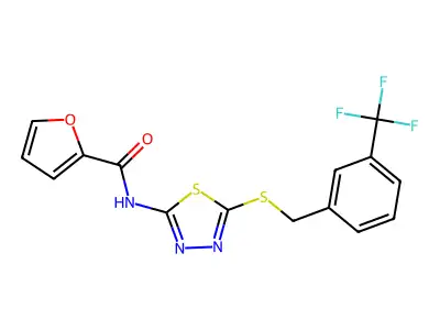 N-(5-((3-(trifluoromethyl)benzyl)thio)-1,3,4-thiadiazol-2-yl)furan-2-carboxamide structure