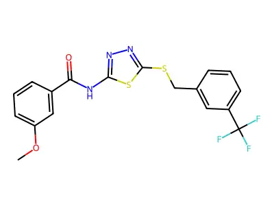 3-methoxy-N-[5-[[3-(trifluoromethyl)phenyl]methylsulfanyl]-1,3,4-thiadiazol-2-yl]benzamide structure