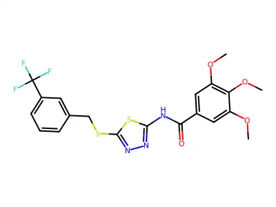 3,4,5-trimethoxy-N-[5-[[3-(trifluoromethyl)phenyl]methylsulfanyl]-1,3,4-thiadiazol-2-yl]benzamide structure