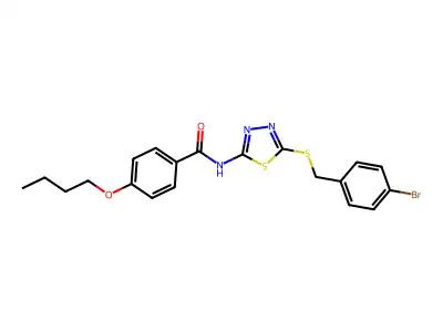 N-(5-((4-bromobenzyl)thio)-1,3,4-thiadiazol-2-yl)-4-butoxybenzamide structure