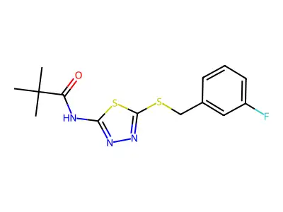 N-(5-((3-fluorobenzyl)thio)-1,3,4-thiadiazol-2-yl)pivalamide structure