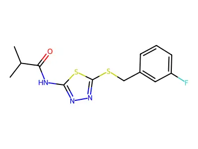 N-(5-((3-fluorobenzyl)thio)-1,3,4-thiadiazol-2-yl)isobutyramide structure
